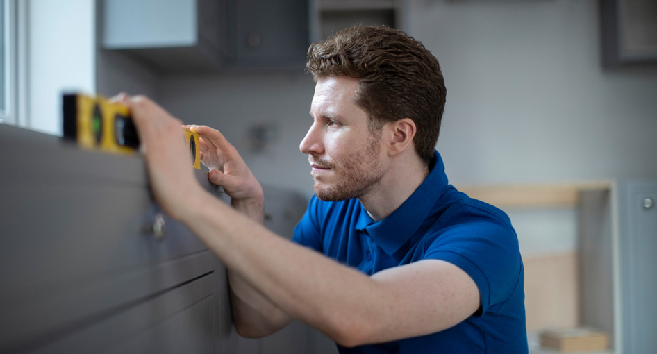 A workman installing a new kitchen.