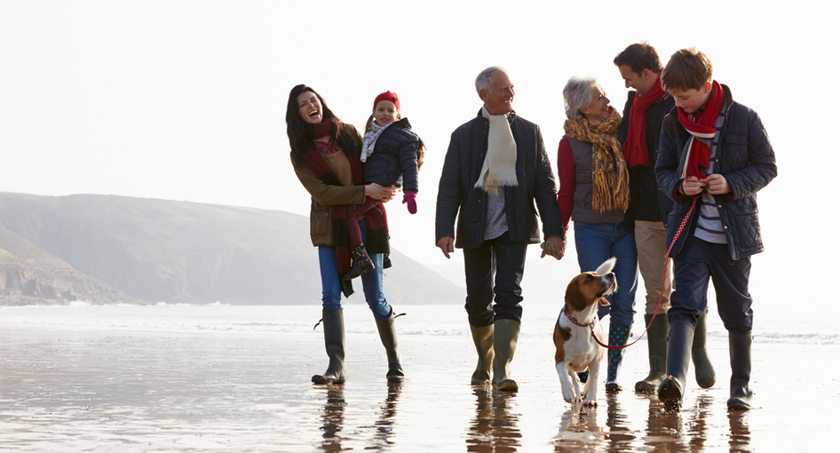 A multi-generation family walking together on a beach.